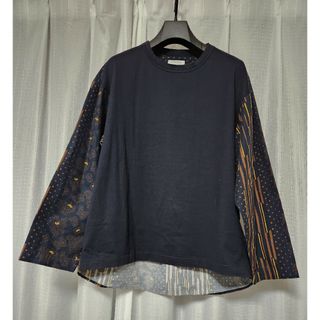 トゥモローランド(TOMORROWLAND)の【美品】TOMORROWLAND　切替シャツ　長袖プルオーバー　黒×柄　S(Tシャツ/カットソー(七分/長袖))