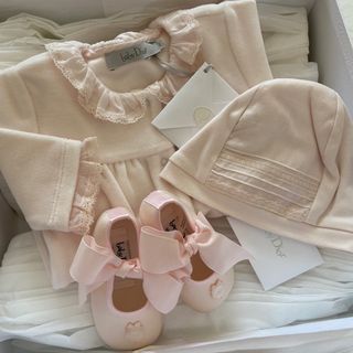 新品babyDiorシルク100%ストライプ柄リボン付きロンパース80cmグレー