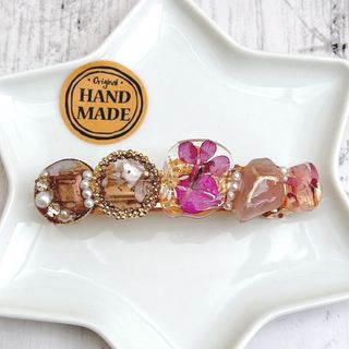 ハンドメイド　レジン　バレッタ　押し花　ドライフラワー　ビジュー　パール(バレッタ/ヘアクリップ)