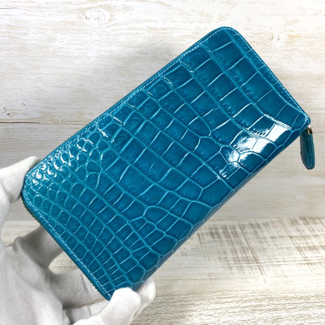 シャイニング クロコダイル 長財布 ターコイズ 本革 ワニ革財布 青緑色