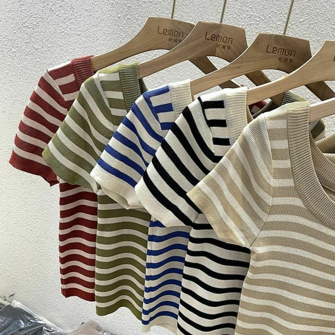 カラーアイスシルクストライプTシャツレディースセンスニッチトロニット半袖トップス レディースのトップス(Tシャツ(半袖/袖なし))の商品写真