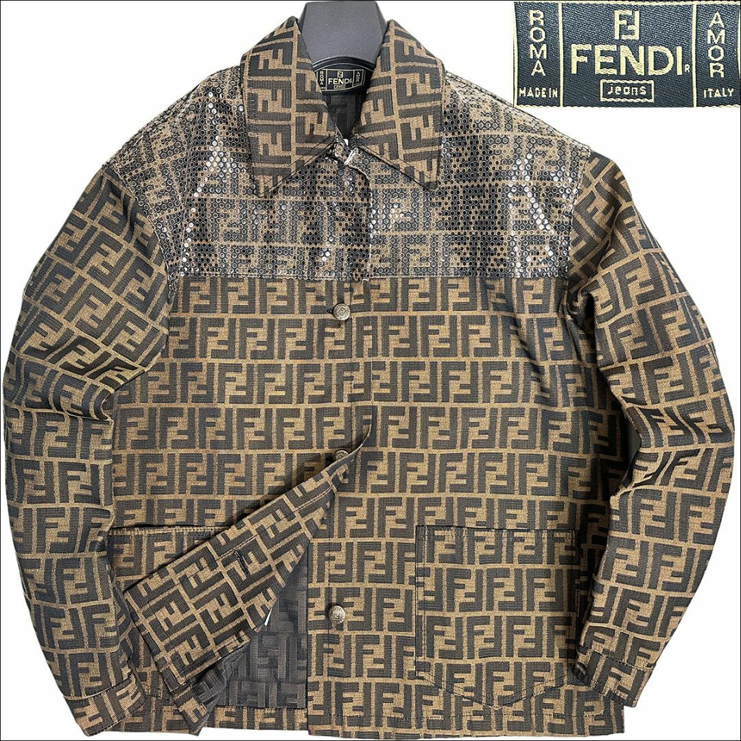 J3147美品 フェンディ ズッカ柄 ラメ切替 ブルゾン ブラウン 40(XL