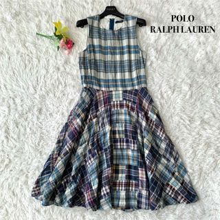 ポロラルフローレン(POLO RALPH LAUREN)の【美品】ポロラルフローレン 膝丈 ワンピース チェック 総柄 マルチカラー M(ひざ丈ワンピース)