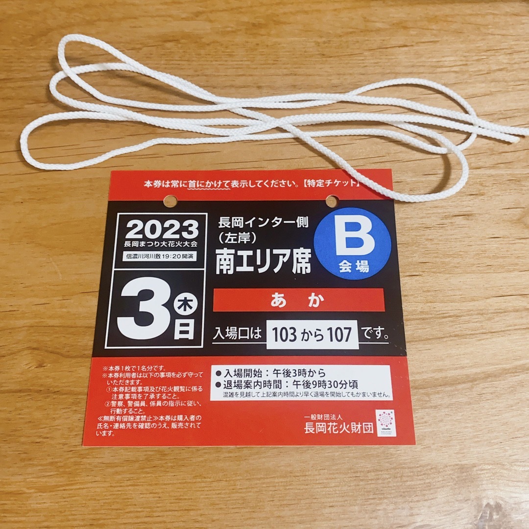 長岡花火大会 長岡インター側 左岸 南エリア席 あか B会場 8/3 １枚 チケットのイベント(その他)の商品写真