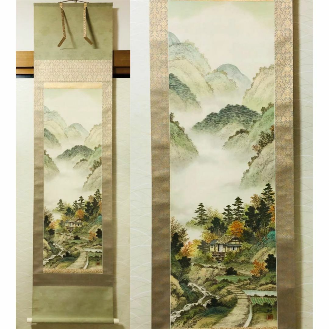 掛軸 羽田晃雅『盛秋 秋景山水』日本画 絹本 肉筆 共箱付 掛け軸 R10171