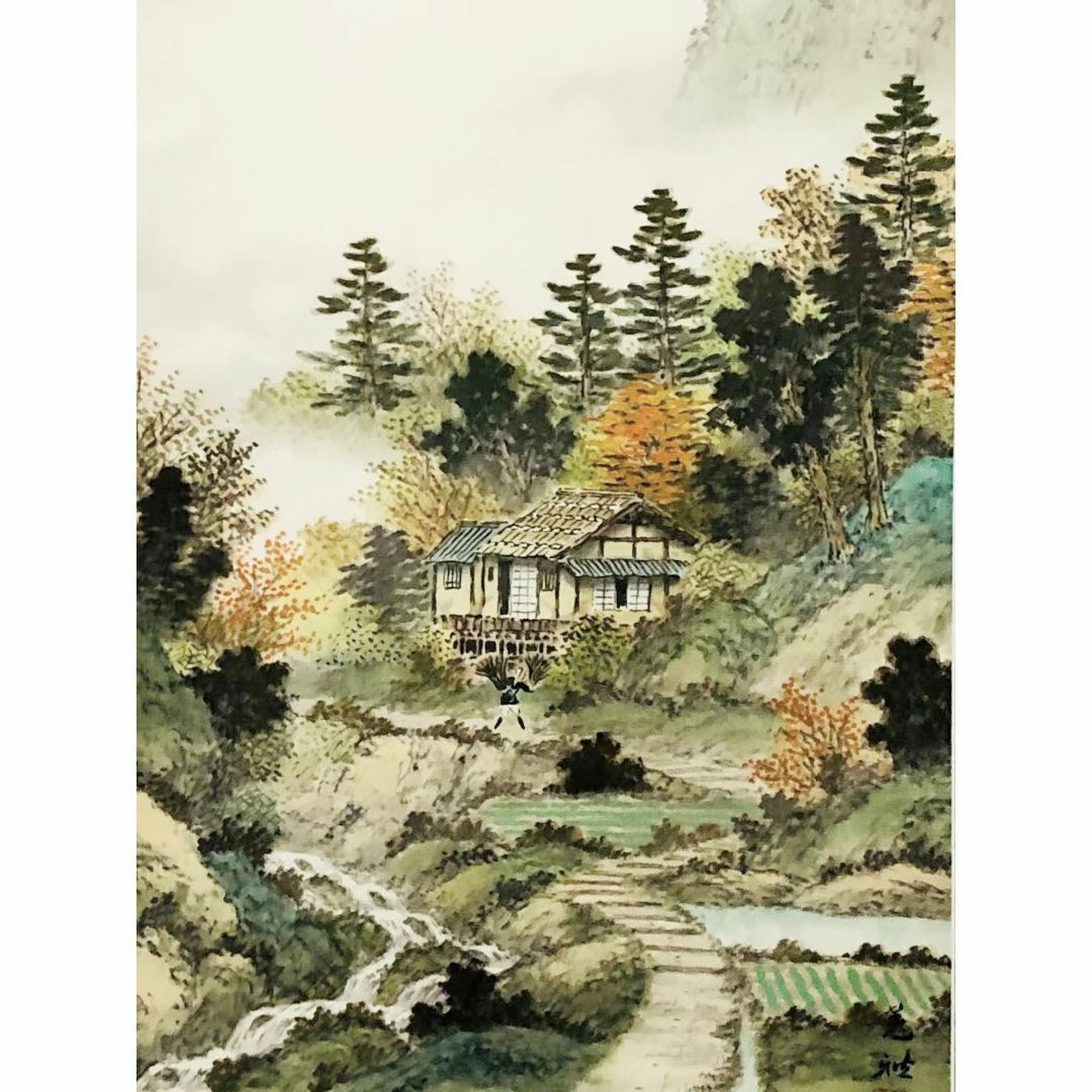 掛軸 羽田晃雅『盛秋 秋景山水』日本画 絹本 肉筆 共箱付 掛け軸 R10171