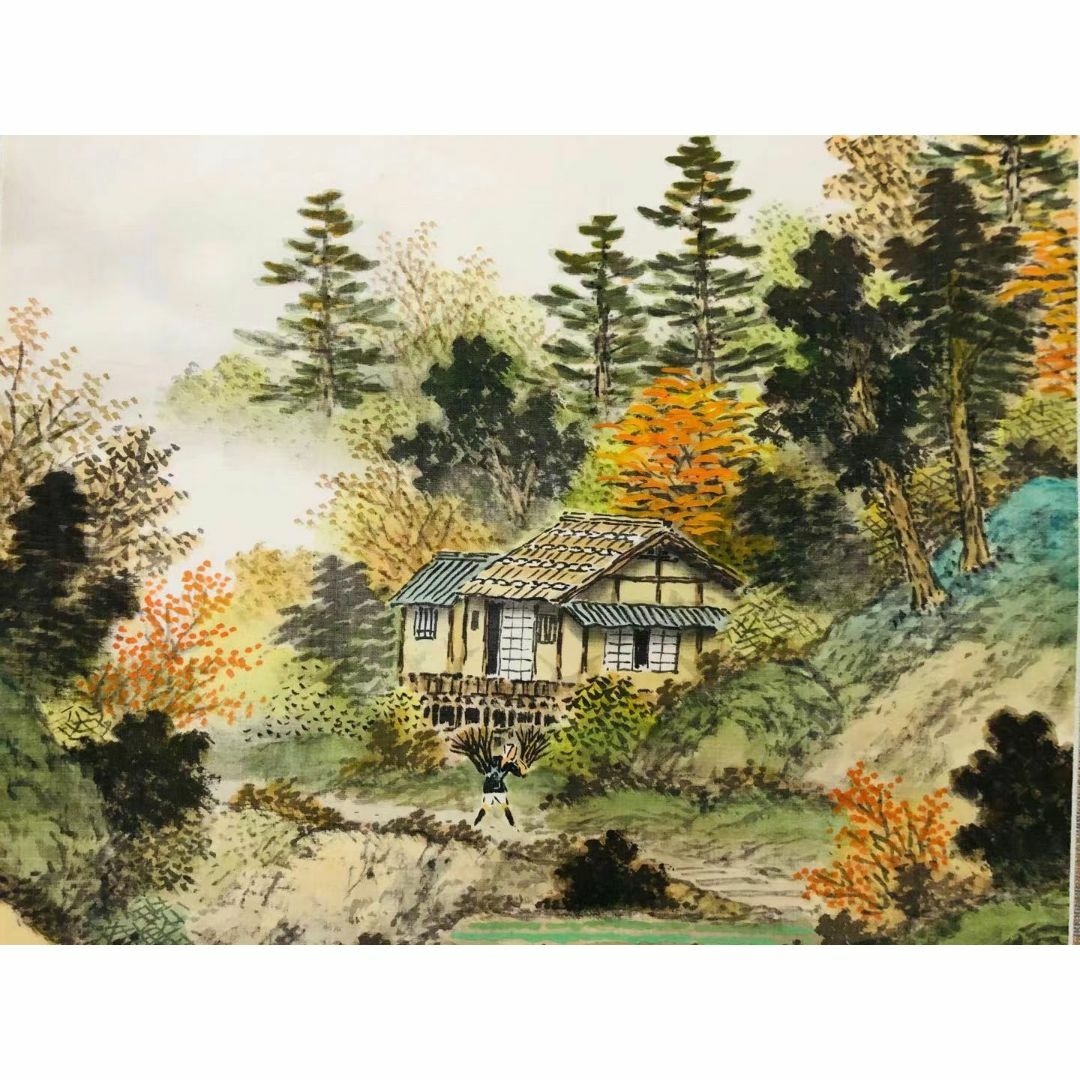 掛軸 羽田晃雅『盛秋 秋景山水』日本画 絹本 肉筆 共箱付 掛け軸 R10171