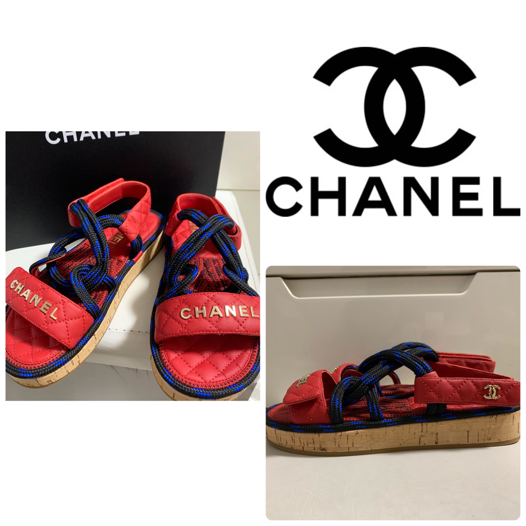 未使用　美品　CHANEL レッドレザー　ロゴ　サンダル