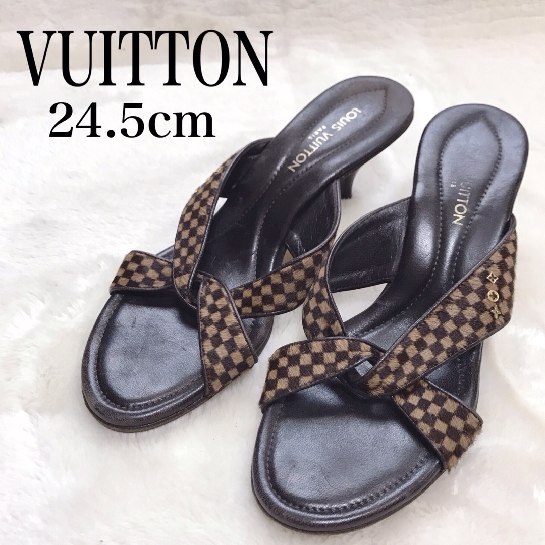LOUIS VUITTON サンダル ミュール ダミエ クロス ハラコ ヒール-