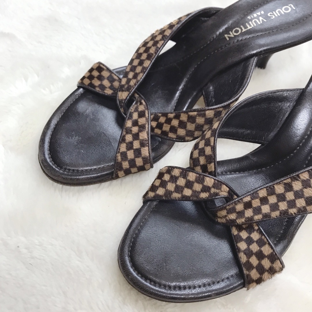 LOUIS VUITTON サンダル ミュール ダミエ クロス ハラコ ヒール-