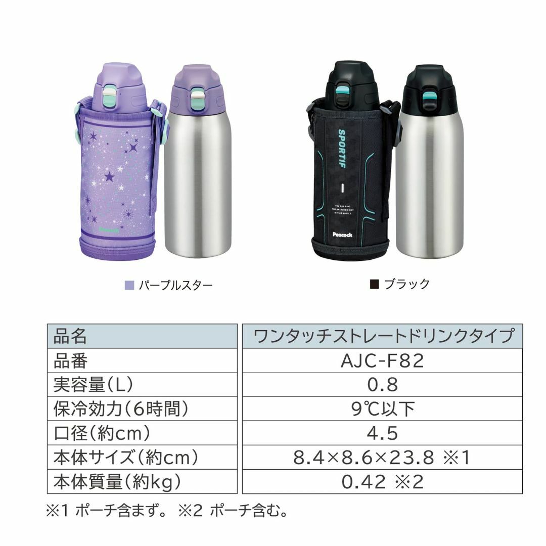 ピーコック 水筒 800ml 保冷 真空断熱構造 ワンタッチ 直飲み ポーチ付 1