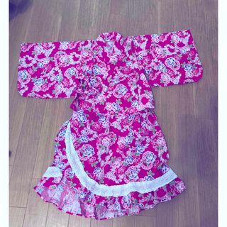 甚平 浴衣 100cm 女の子 ピンク 薔薇 レース フリル お祭り(甚平/浴衣)