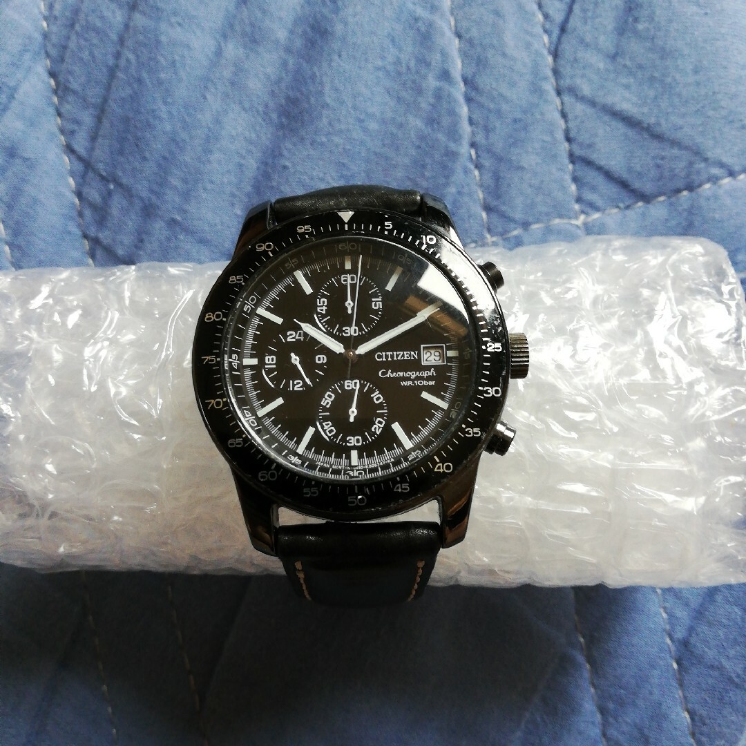 CITIZEN(シチズン)の人気クロノ【CITIZEN】スピードマスター クオーツ電池切れ 黒 レザーベルト メンズの時計(腕時計(アナログ))の商品写真