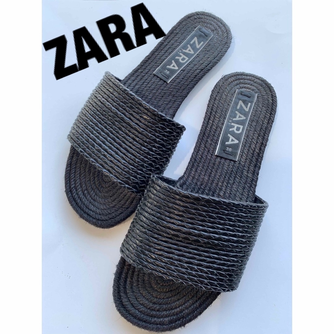 ZARA(ザラ)のZARA ザラ　フラット　サンダル　ブラック　黒　麻　36 23.5/23.0 レディースの靴/シューズ(サンダル)の商品写真