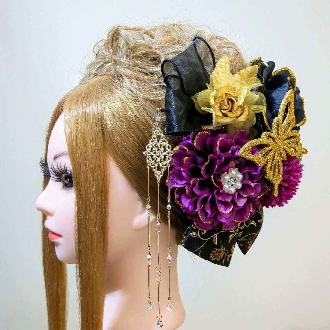 髪飾りViVi~簪&金ラメ蝶・赤×黒薔薇~成人式 結婚式 卒業式 振袖 髪 髪飾りViVi~簪&金ラメ蝶・赤×黒薔薇~成人式 結婚式 卒業式 振袖 髪