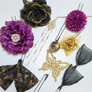 髪飾りViVi～簪&蝶々付き・紫黒金ダリア薔薇～成人式 結婚式 花魁 