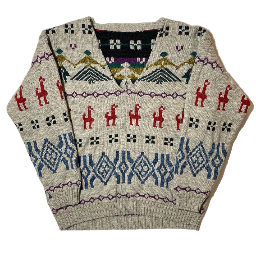 80s ITALY製 Vintage Ethnic V Neck Knit