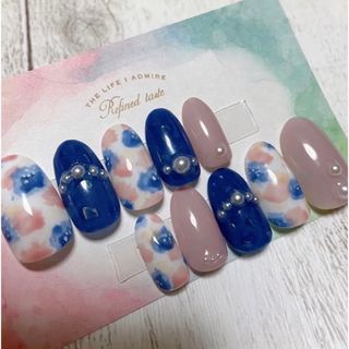 シールサービス♡(98)お花×くすみラベンダーピンク×インディゴのネイル(つけ爪/ネイルチップ)