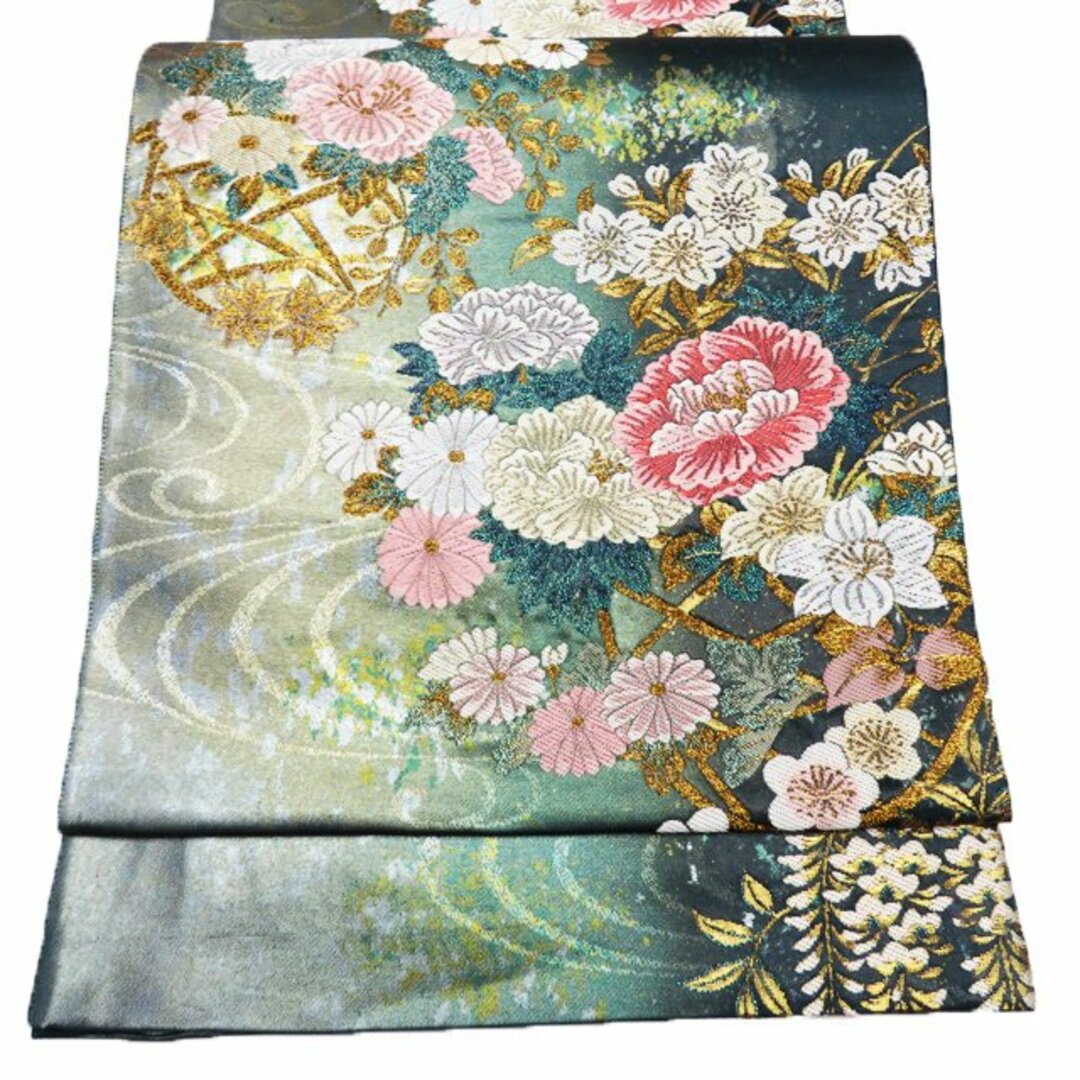 袋帯 未使用 正絹 フォーマル 仕立て上がり 六通 流水に花の図 箔糸 緑系色 多色 金 きもの北條 A903-8