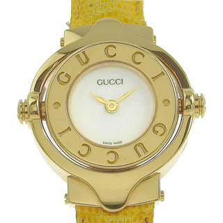 グッチ(Gucci)の【GUCCI】グッチ 回転式Gバングル GQ6600 金メッキ×レザー 黄色 クオーツ アナログ表示 レディース 白文字盤 腕時計(腕時計)