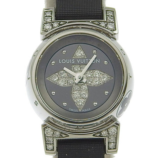 ルイヴィトン(LOUIS VUITTON)の【LOUIS VUITTON】ルイ・ヴィトン タンブールビジュ センターパヴェ・ラグD Q151K ステンレススチール×レザー×ダイヤモンド 黒 クオーツ アナログ表示 レディース 黒文字盤 腕時計(腕時計)