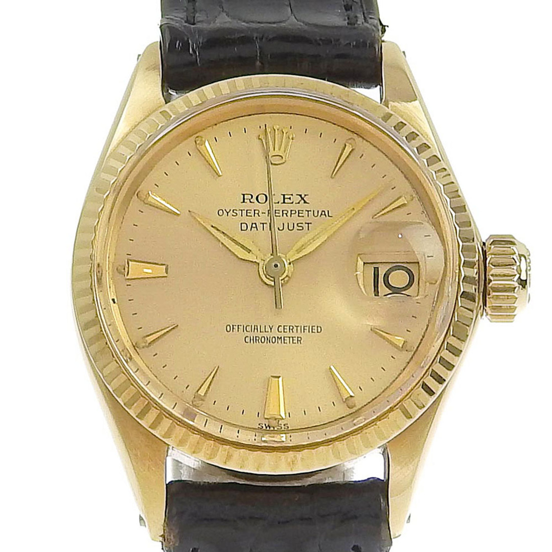 【ROLEX】ロレックス オイスターパーペチュアル デイト cal.1130 6517 K18イエローゴールド×レザー 黒 自動巻き レディース ゴールド文字盤 腕時計