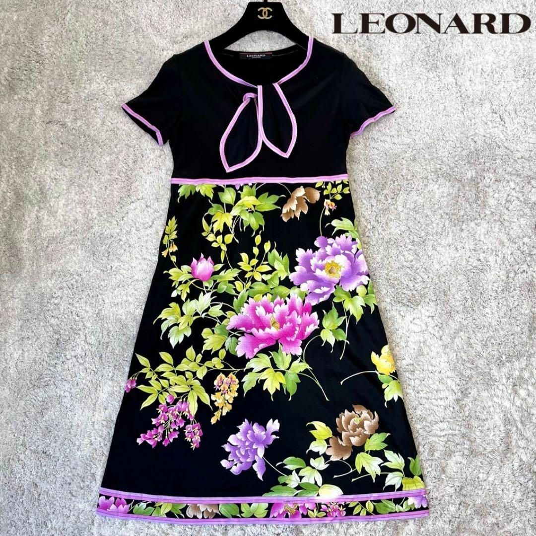 ☘️極美品◆LEONARD◆カンカン素材　トリムデザインワンピース　ブラック