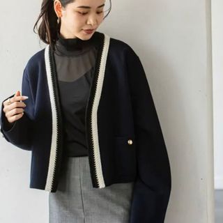 Noble - NOBLE 配色トリミングミラノリブショートジャケット ネイビー
