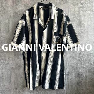 90's GIANNI VALENTINO ロゴ刺繍　ノーカラー　レトロシャツ