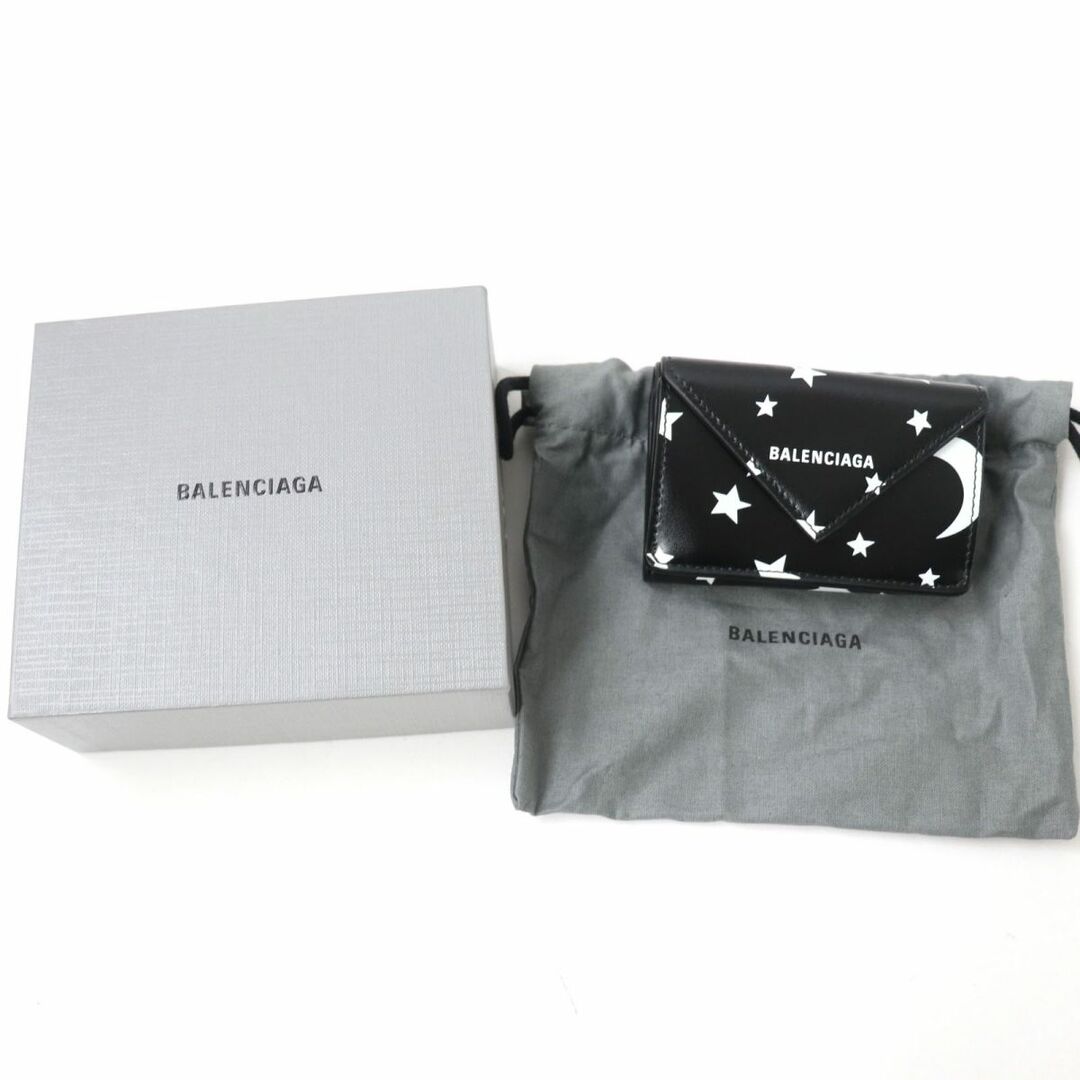 未使用品☆BALENCIAGA バレンシアガ 391446 ペーパー ミニウォレット 星柄 レザー 3つ折り財布 レディース 黒×白 伊製 箱・保管袋付き