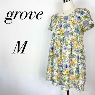 グローブ(grove)のgrove　グローブ　ミニワンピース　花柄　春夏服　フレア　イエロー　古着(ひざ丈ワンピース)