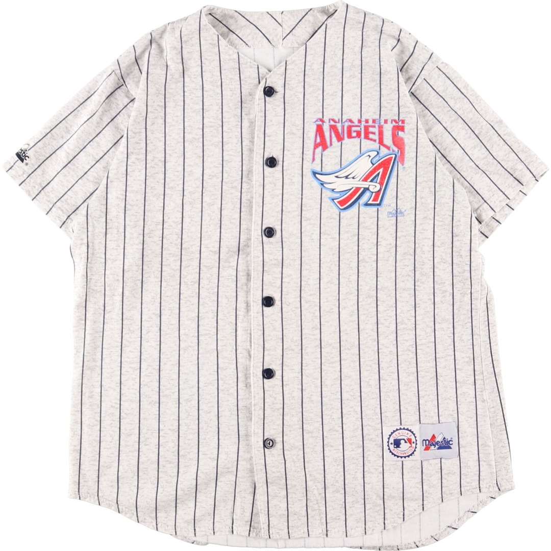 Majestic MLB ANAHEIM ANGELS アナハイムエンジェルス ストライプ柄 ゲームシャツ ベースボールシャツ メンズL /eaa357952