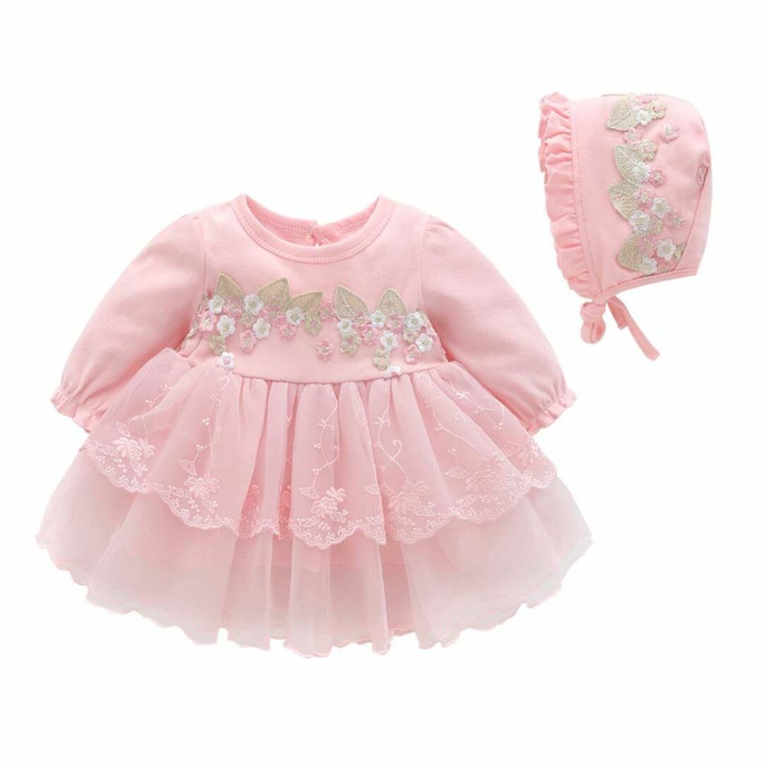 【色: ピンク刺繍】ベビー服 ワンピース チュールスカート付き2点帽子付き 長袖