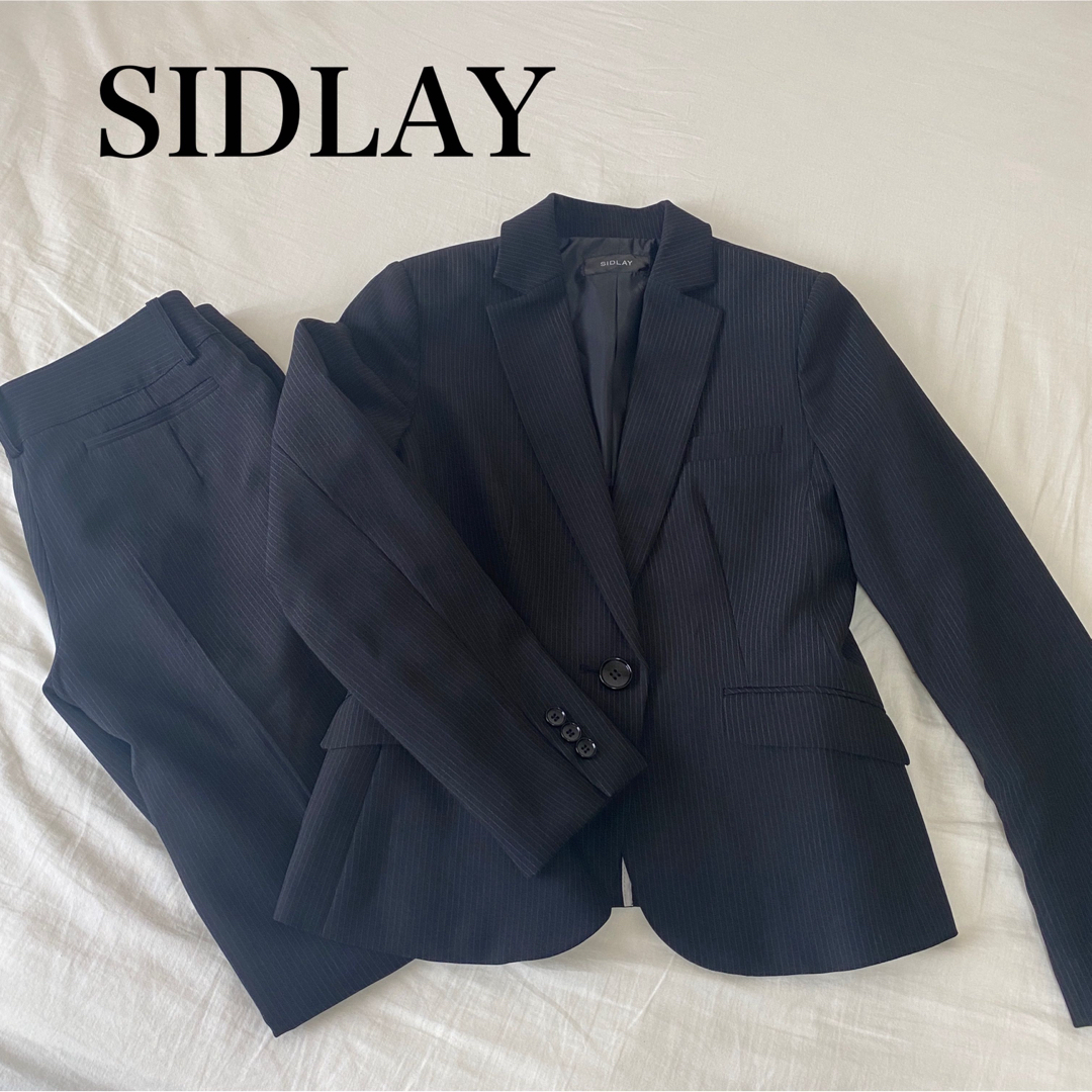 レディース【美品】SIDLAYレディースパンツスーツセット 黒×ストライプ