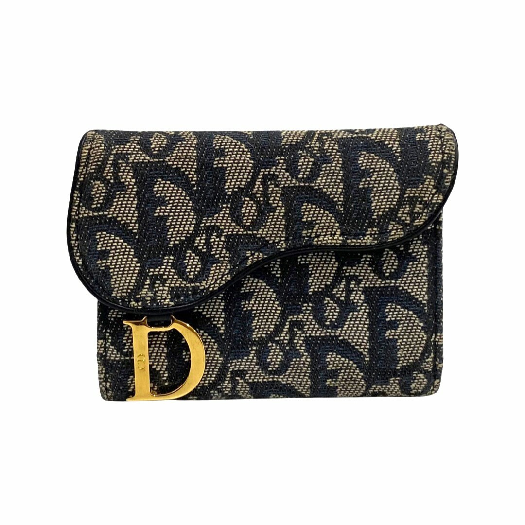 付属品なし極 美品 Christian Dior ディオール トロッター 柄 ロゴ 金具 レザー 本革 キャンバス 二つ折り カードケース 名刺入れ ネイビー 49042