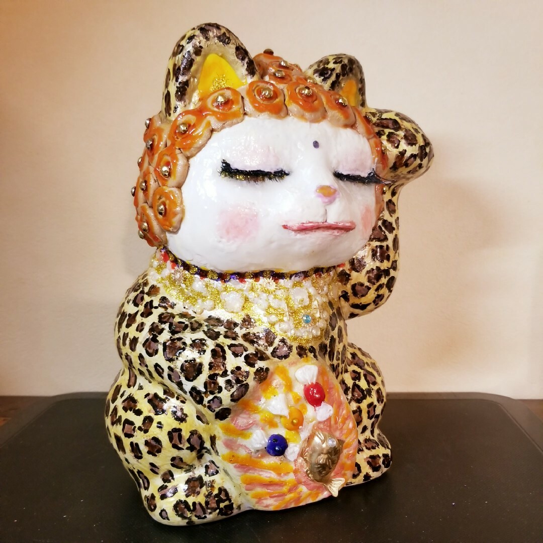 招き猫 陶器 豹柄 縁起物 新品 未使用 まねき猫 オバチャン ハンドメイド 3