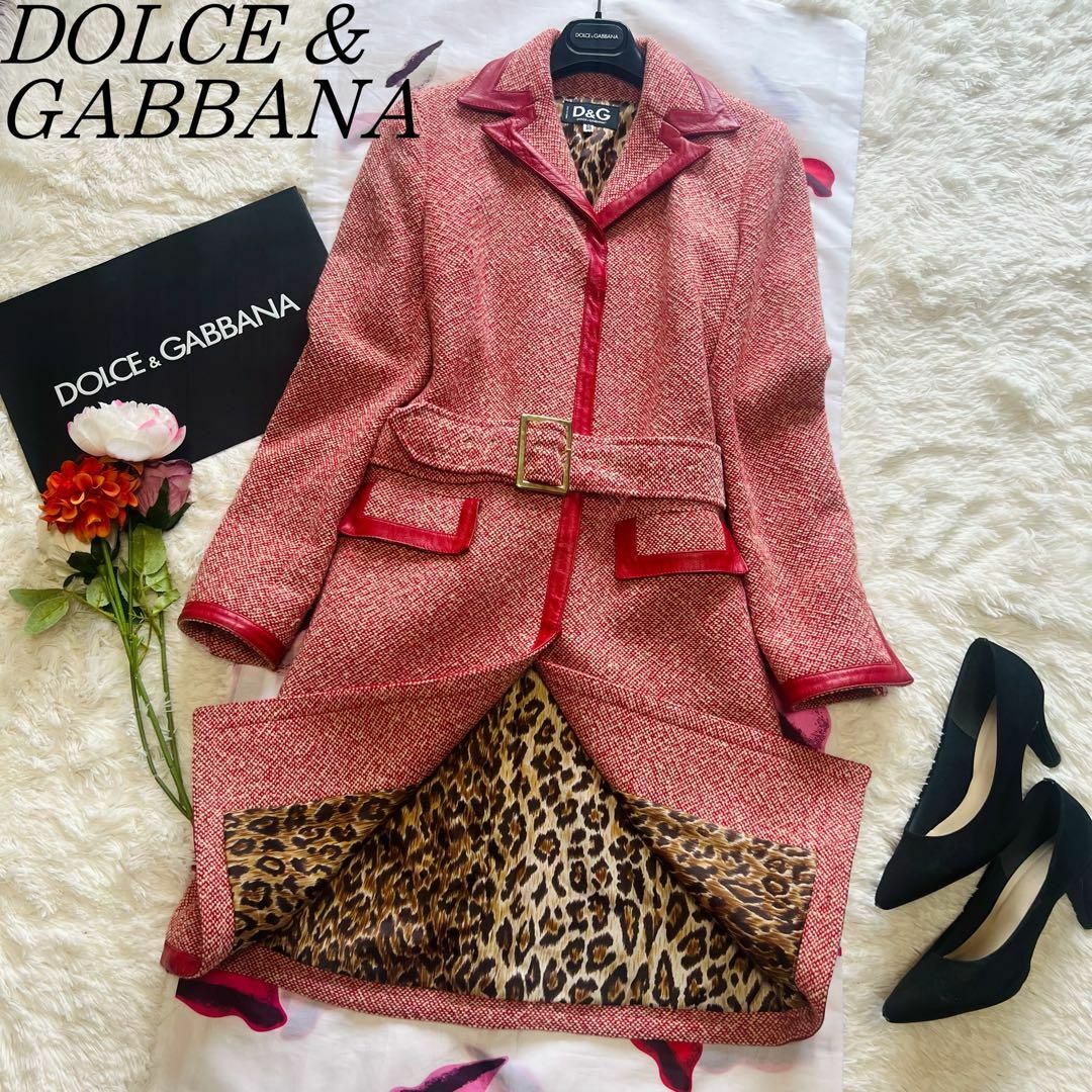 美品】DOLCE&GABBANA ツイードロングコート レッド ベルト 40-