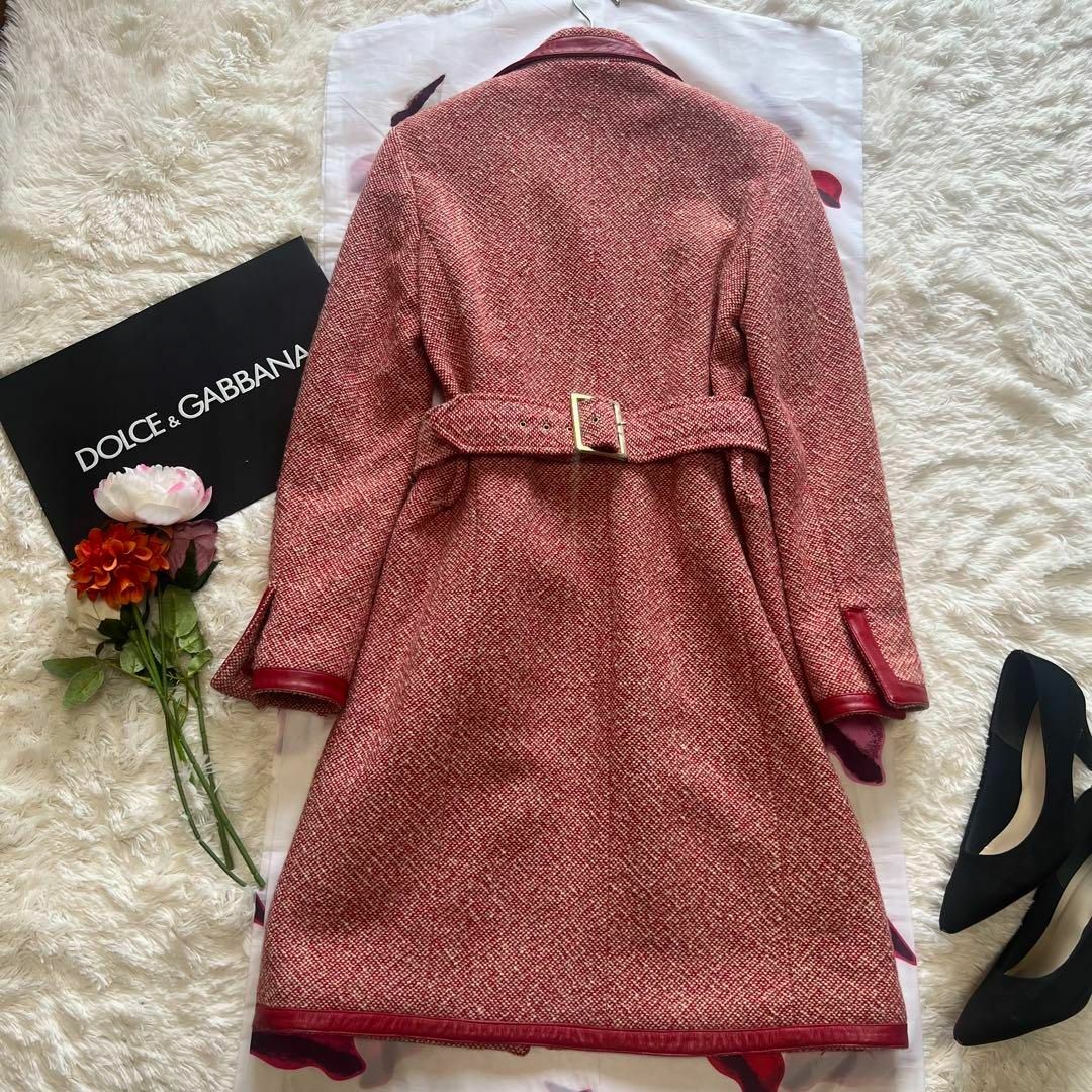 美品】DOLCE&GABBANA ツイードロングコート レッド ベルト 40-