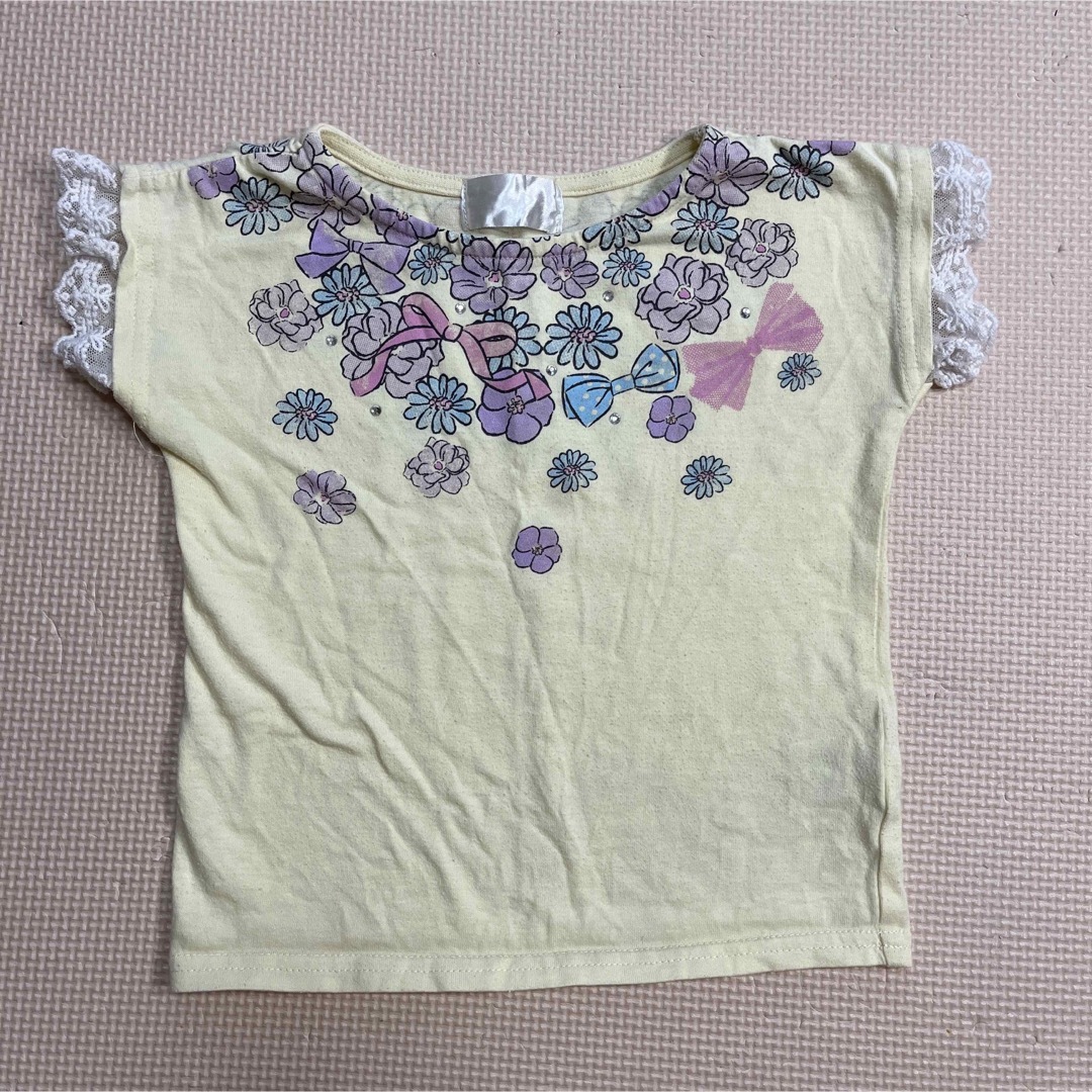 半袖　Tシャツ　花柄　リボン　レース　黄色　100 キッズ/ベビー/マタニティのキッズ服女の子用(90cm~)(Tシャツ/カットソー)の商品写真