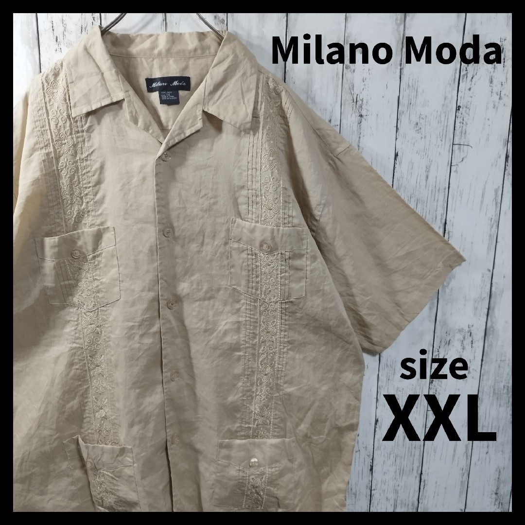 【Milano Moda】リネンキューバシャツ　半袖　刺繍　麻100%　夏　海
