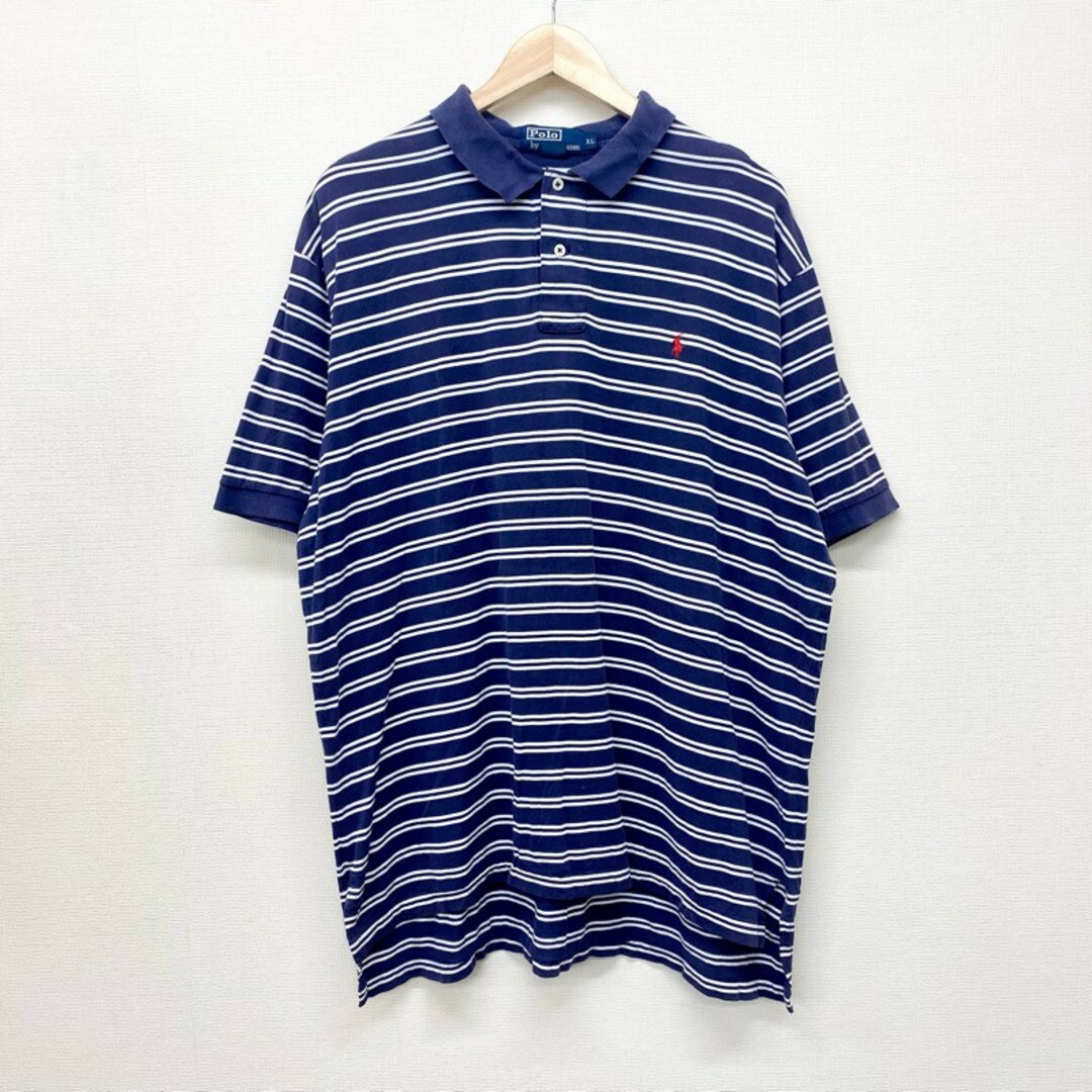 Ralph Lauren(ラルフローレン)のUS古着 ポロ ラルフローレン Polo by Ralph Lauren コットン ポロシャツ 半袖 ボーダー柄 ワンポイント ポニー 刺繍 サイズ：メンズ XL ビッグサイズ ネイビー×ホワイト【中古】 メンズのトップス(ポロシャツ)の商品写真