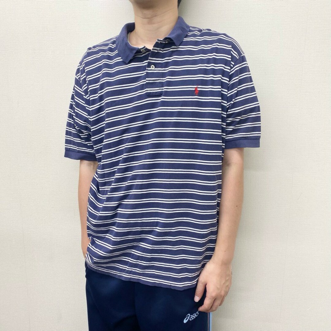 Ralph Lauren(ラルフローレン)のUS古着 ポロ ラルフローレン Polo by Ralph Lauren コットン ポロシャツ 半袖 ボーダー柄 ワンポイント ポニー 刺繍 サイズ：メンズ XL ビッグサイズ ネイビー×ホワイト【中古】 メンズのトップス(ポロシャツ)の商品写真