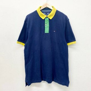 トミーヒルフィガー(TOMMY HILFIGER)のUS古着 トミーヒルフィガー TOMMY HILFIGER 鹿の子 ポロシャツ 半袖 切り替え リンガー 無地 ワンポイント ロゴ 刺繍 CLASSIC FIT サイズ：メンズ XL ビッグサイズ ネイビー×イエロー×グリーン【中古】(ポロシャツ)