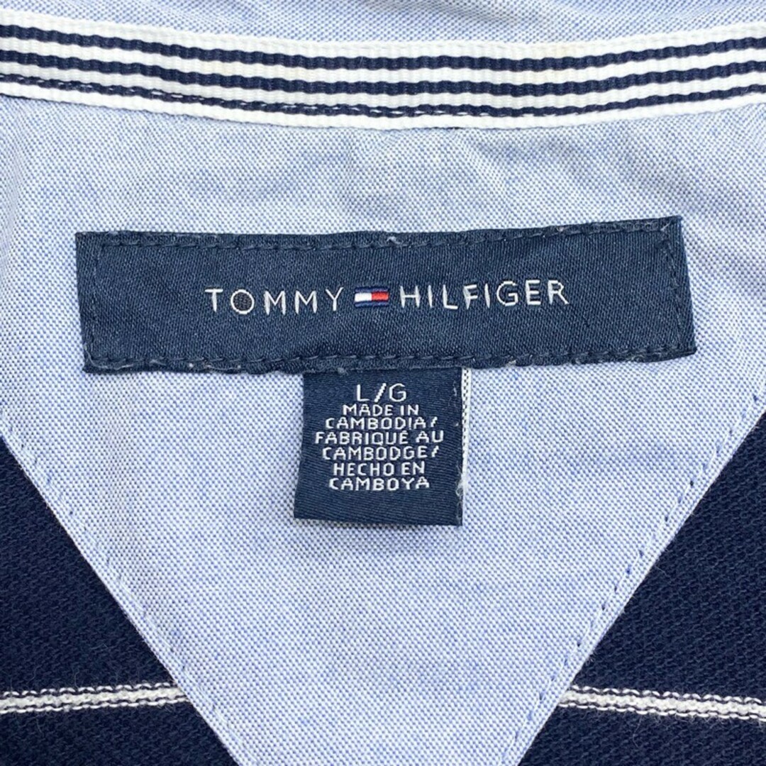 TOMMY HILFIGER(トミーヒルフィガー)のUS古着 トミーヒルフィガー TOMMY HILFIGER 鹿の子 ポロシャツ 半袖 ボーダー ワンポイント ロゴ 刺繍 サイズ：メンズ L ネイビー×ホワイト【中古】 メンズのトップス(ポロシャツ)の商品写真