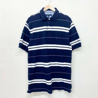 トミーヒルフィガー(TOMMY HILFIGER)のUS古着 トミーヒルフィガー TOMMY HILFIGER 鹿の子 ポロシャツ 半袖 ボーダー ワンポイント ロゴ 刺繍 サイズ：メンズ L ネイビー×ホワイト【中古】(ポロシャツ)