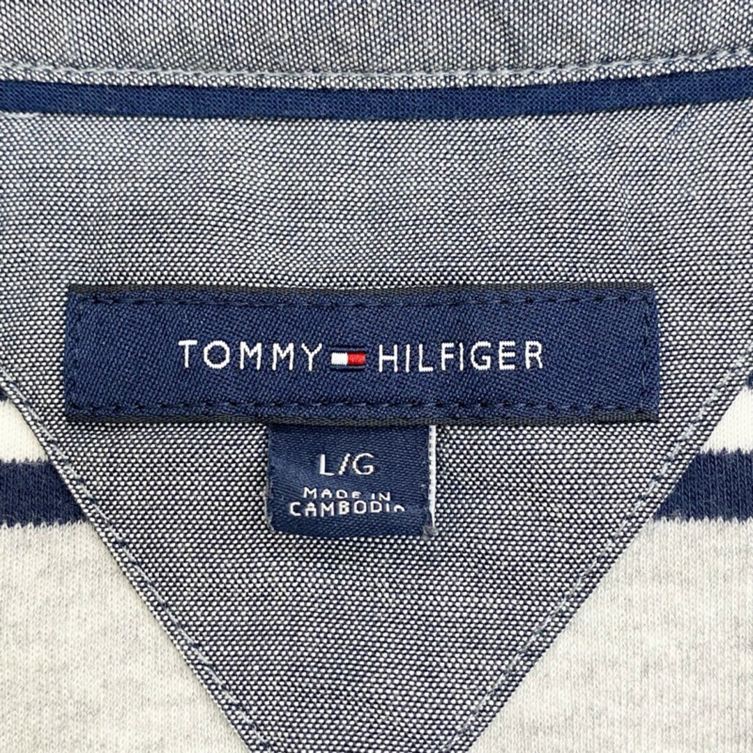 TOMMY HILFIGER(トミーヒルフィガー)のUS古着 トミーヒルフィガー TOMMY HILFIGER コットン ポロシャツ 半袖 ボーダー ワンポイント ロゴ 刺繍 サイズ：メンズ L ネイビー×グレー×ホワイト【中古】 メンズのトップス(ポロシャツ)の商品写真