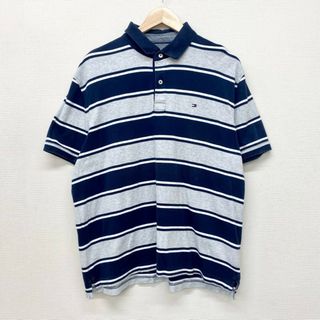 トミーヒルフィガー(TOMMY HILFIGER)のUS古着 トミーヒルフィガー TOMMY HILFIGER コットン ポロシャツ 半袖 ボーダー ワンポイント ロゴ 刺繍 サイズ：メンズ L ネイビー×グレー×ホワイト【中古】(ポロシャツ)