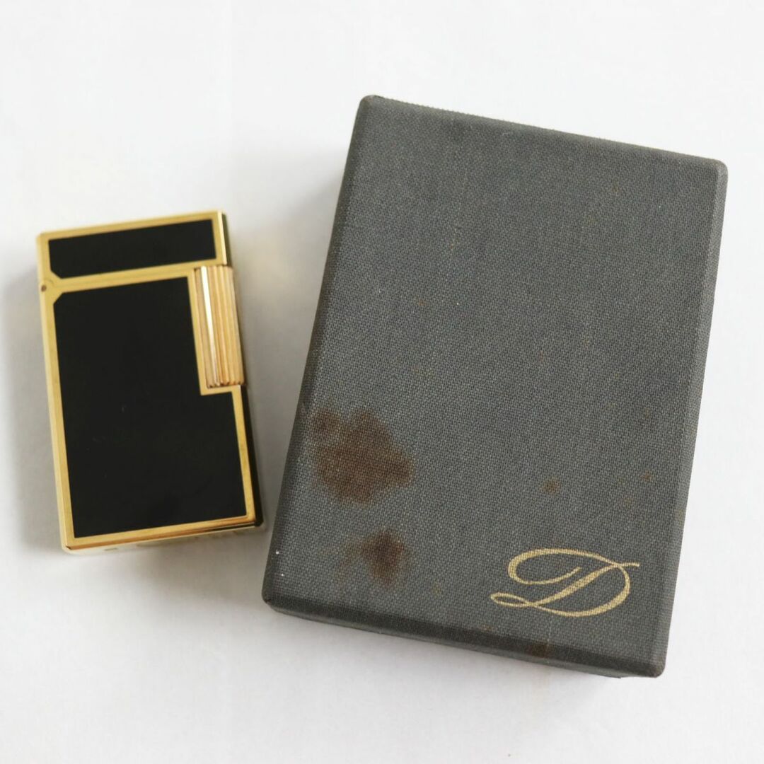 極美品●S.T.Dupont エス・テー・デュポン 都彰 ライン1 ロング ラッカー ローラー式 ガスライター ブラック×ゴールド 仏製 着火確認済