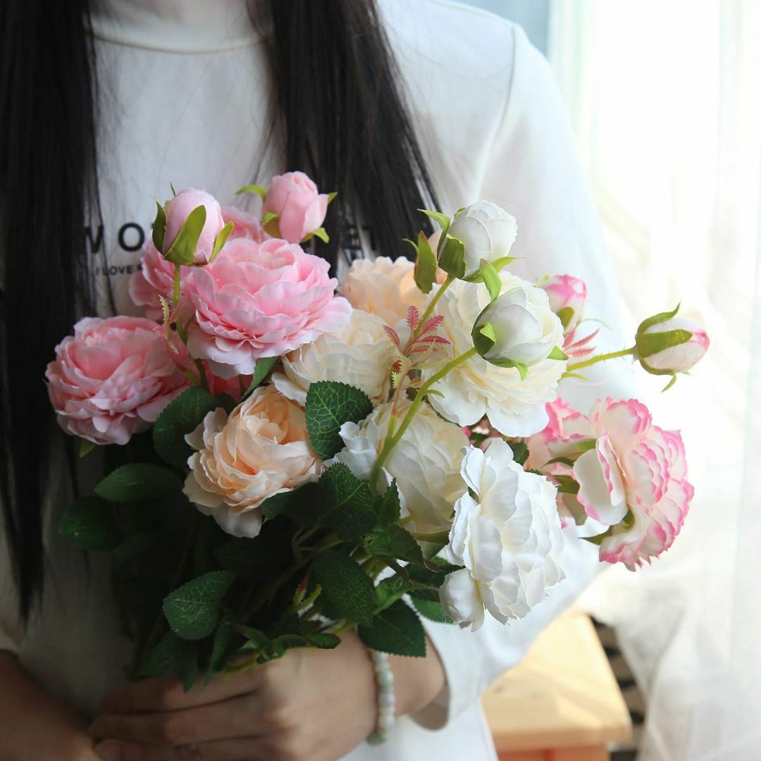 【色: ピンク】造花 インテリア アートフラワー 花束 ウエスタンローズフラワー