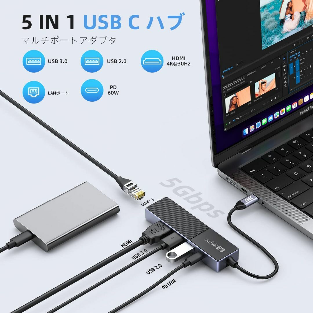 スタイル:5ポートUSB C ハブ 5 ポート 4K HDMIポート60W